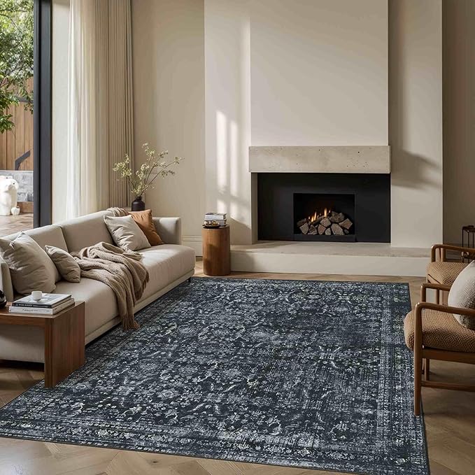 5x7 Area Rugs for Living Room Bedroom, Washable Rug, Black Vintage Floral Boho Rug, Non Slip & Low Pile Faux Wool Thin Carpet for Indoor Dining Room and Kids Room(Black 5x7ft)
