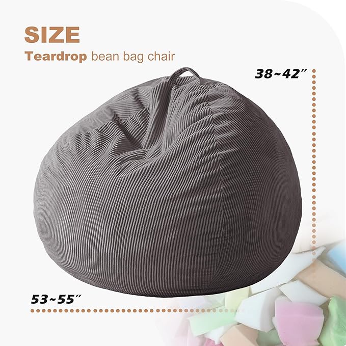 Homguava 5FT Bean Bag Chair for Adults,Teardrop Giant Bean Bags Big Beanbag Chair with Memory Foam Filled and Ultra Soft Removable Corduroy Cover for Living Room, Bedroom (Grey)