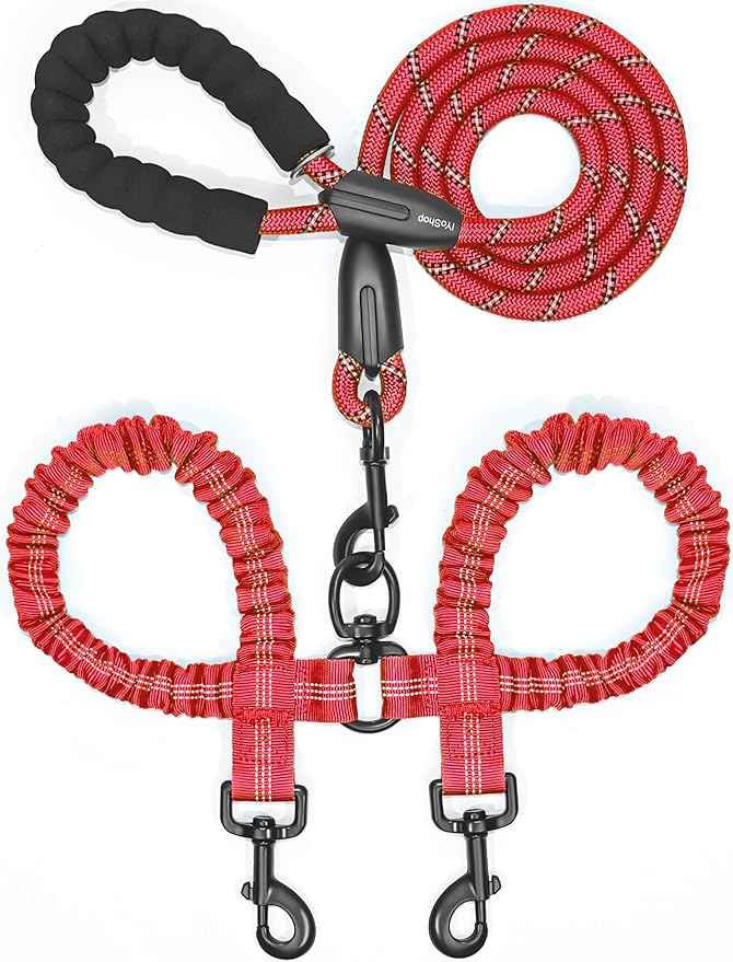 iYoShop Dual Dog Leash - 360° Swivel, No Tangle Walking Leash with Shock Absorbing Bungee for Two Dogs (Large, 25-150 lbs, Red)