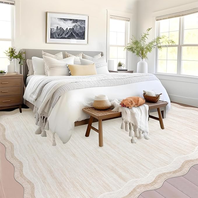 GarveeHome Large Scalloped Rug 10x13 Solid Color Dining Room Carpet, Decorative Modern Easy Cleaning Carpet with Non-Slip Backing, Washable Low Pile Indoor Rug for Living Room Farmhouse Bedroom, Beige
