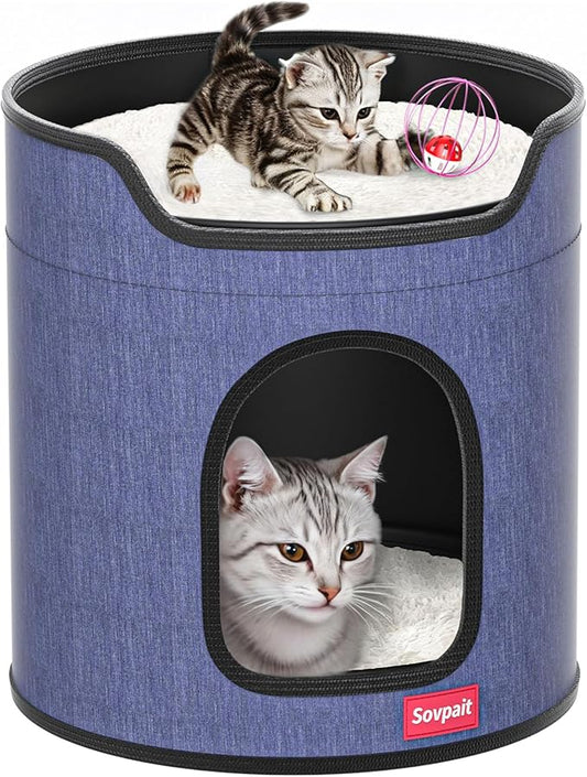 Cat House for Indoor Cats,Large Double Cat Beds with Cat Scratcher Pad Toys w/Catnip,Soft Washable Cushion Cat House Shelter D15xH15in Blue (Metal Cage Balls+5mm Pad)