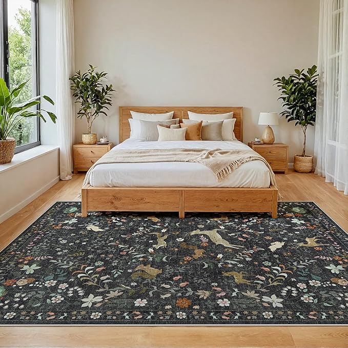 6x9 Area Rugs Washable Rug: Lagre Boho Living Room Rug Soft Non-Slip Thin Carpet Indoor Floor Non-Shedding Neutral Floral Carpets for Bedroom Dining Room Farmhouse Nursery Black