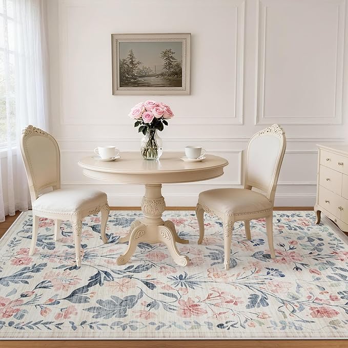 5x7 Area Rugs Washable Rug: Lagre Boho Living Room Rug Soft Non-Slip Thin Carpet Indoor Floor Non-Shedding Neutral Floral Carpets for Bedroom Dining Room Farmhouse Nursery Multi