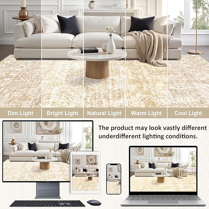 6x9 Area Rugs Living Room Rug: Washable Rug Neutral Lagre Soft Thin Carpet Indoor Floor Non Slip Boho Geometric Moroccan Carpets for Bedroom Dining Room Farmhouse Nursery Office - Beige