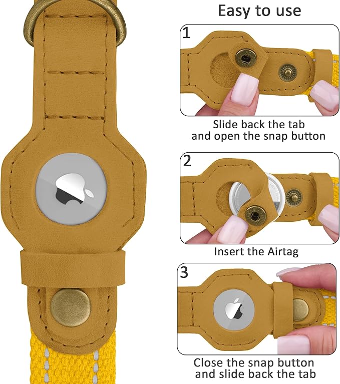 Reflective Leather Dog Collar with AirTag Holder - Soft Apple Airtag Dog Collar with Metal Buckle - Safety Cotton Pet Collars for Dogs Small Large Dogs Puppy (Yellow, L, 17"-21")