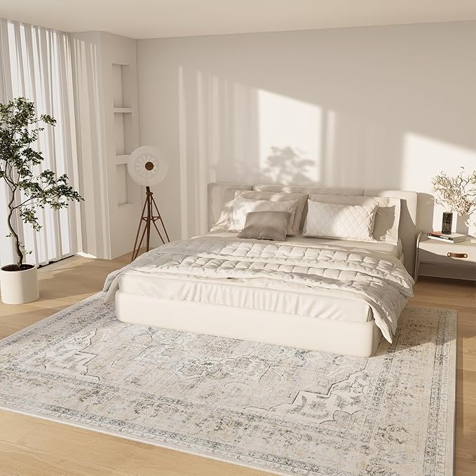 Area Rugs 9x12 Living Room: Washable Rugs for Bedroom Stain Resistant Non Slip Distressed Vintage Large Boho Rug Low Pile Faux Wool Soft Carpets for Living Room Dining Room Farmhouse Playroom