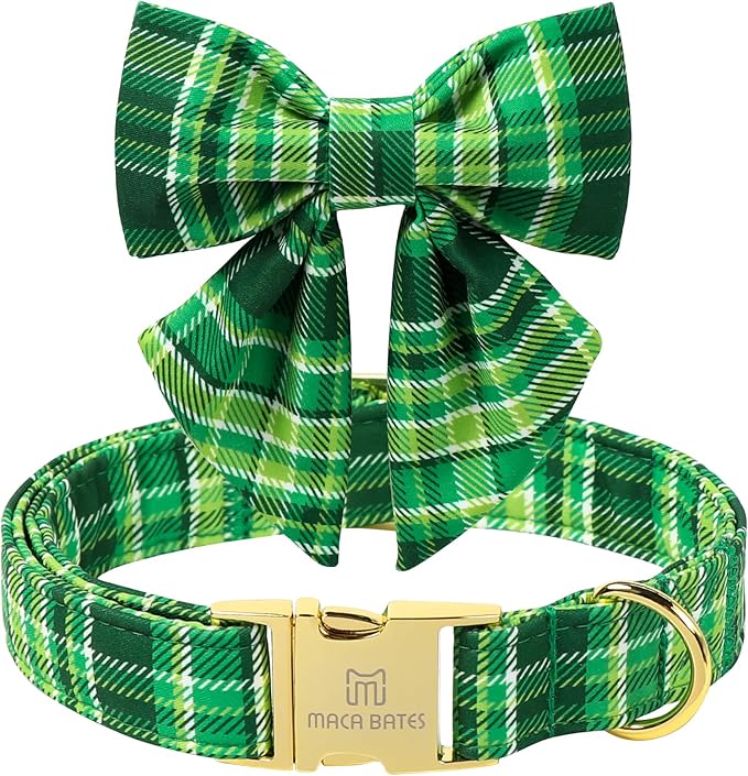 Maca Bates St. Patrick's Day Irish Plaid Dog Collar with Sailor Bow Tie,Shamrock Green Gingham Pattern for Small Girl Boy Dogs,Adjustable Durable Soft Collars Gift for Male Female Puppy
