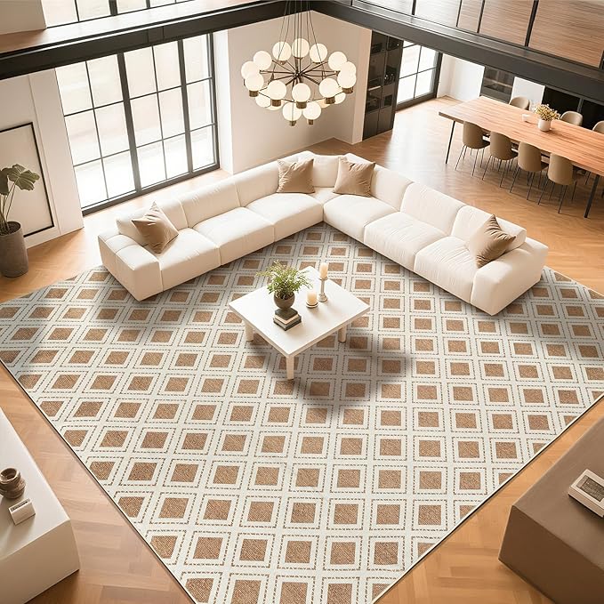 LBRO2M Checkered 9X12 Area Rug for Living Room Washable Rugs for Bedroom Dining Room Non Slip Modern Rugs Easy Clean, Soft, Stain Resistant Carpet Great for Pets and Family (9'X12' Brwon)