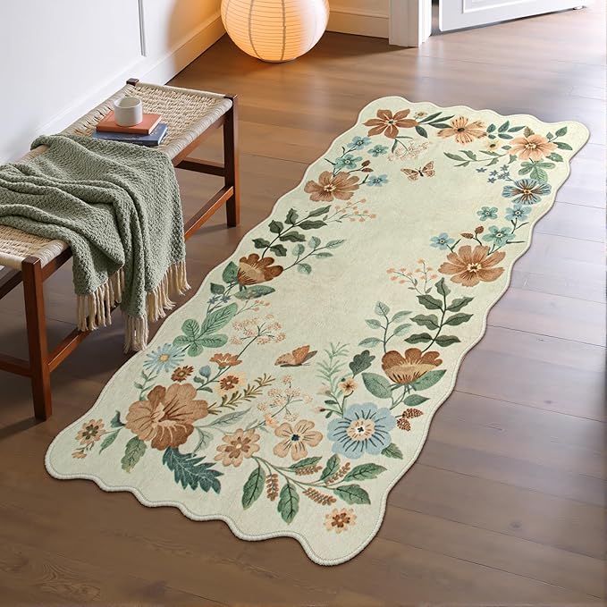 Lahome Floral Entryway Rug, 2x4 Washable Kitchen Rugs Non Slip Ultra-Thin, Front Door Mat Indoor Entrance Stain Resistant Boho Low-Pile Carpet for Entry Bathroom Bedroom(2x4ft,Beige)