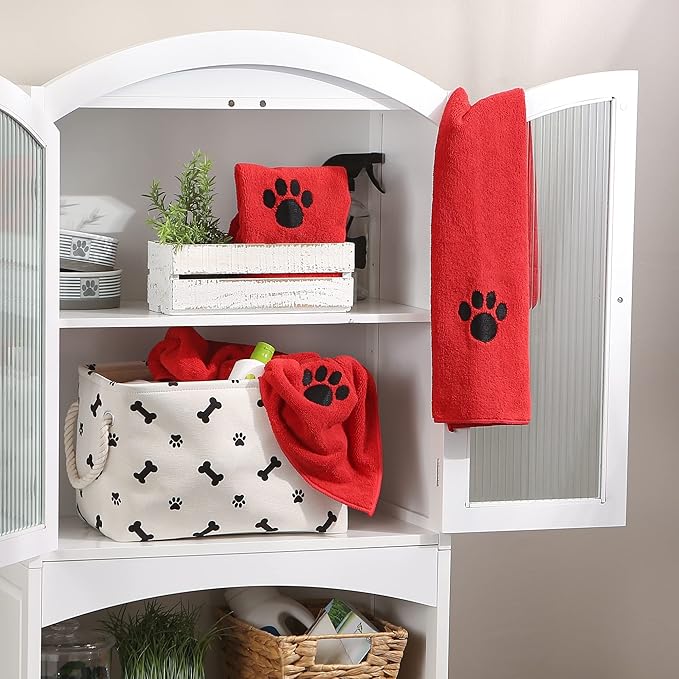 Bone Dry Pet Grooming Towel Collection Embroidered Absorbent Microfiber Drying Set, 15x30, Red, 3 Count (Pack of 2)
