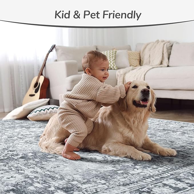 Lessymo 5x7 Area Rugs for Living Room, Machine Washable Non Slip Rug, Soft Low Pile Carpet for Bedroom Dining Home Office, Vintage Grey/White Distressed Floral Floor Mat