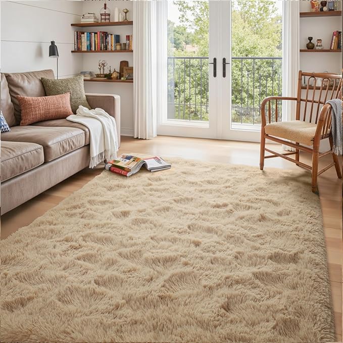 5x7 Ft Shag Beige Rugs for Bedroom Living Room, Ultra Soft Fluffy Furry Area Rugs for Playroom Indoor Floor, Aesthetic Carpet for Kids Home Decor