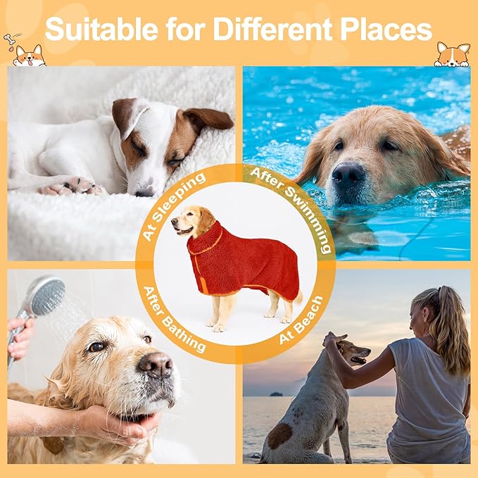 Bienbee Dog Bathrobe, Quick Drying Super Absorbent Dog Robes for After Bath, Warm Keeping Dogs Towel, Dogs Bath Supplies, Bright Red XL