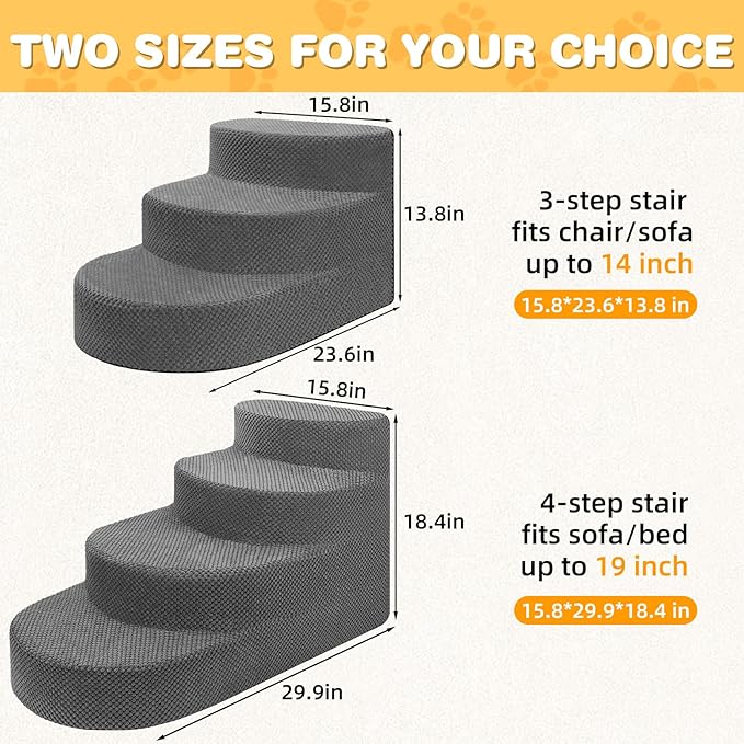 Dog Stairs for Small Dogs, Foam Steps for Small Dogs & Cats, 4 Steps Dog Ramp for High Beds, Couch, Window, Sofa, Pet Stairs with Removable Washable Cover, Non-Slip Sturdy Pet Steps, Gray