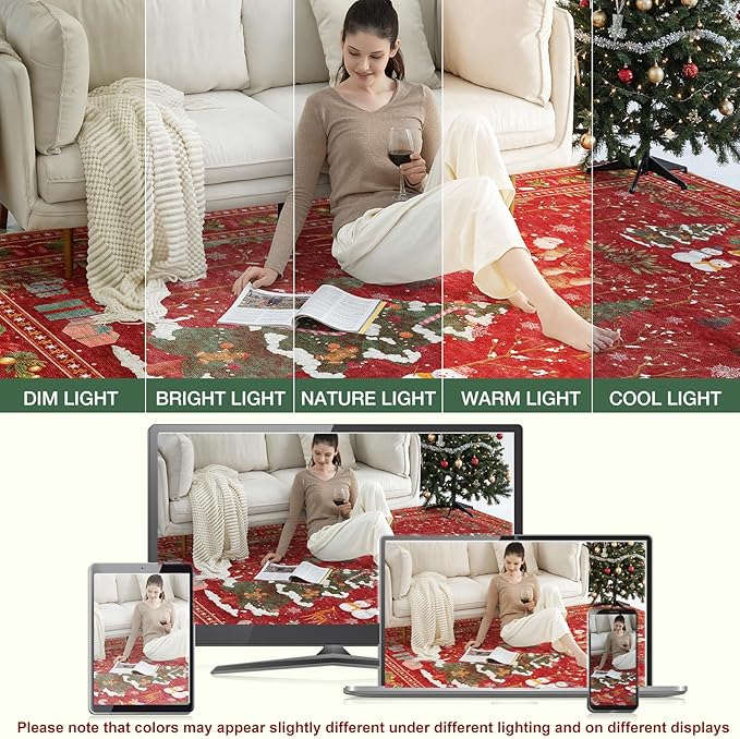 Christmas Runner Rug for Hallway: 3x8 Neutral Modern Festive Low Pile Soft Thin Indoor Carpet for Bedroom Kitchen Mat Kids Room Holiday Decor - Red