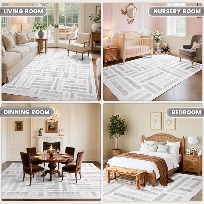 Washable Area Rugs,2x6ft Soft Rug for Living Room and Bedroom Vintage Striped Rug Stain Resistant with Non Slip Backing Geometric Checkered Foldable Print Mat for Home Decor