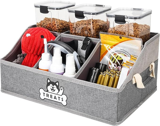 Dog Treat Container Basket for Countertop, Foldable Pet Toy Box for Living Room Area with Handles, Dog Storage Organizer with Removable Dividers for Treat Container, Leashes, Canned food, Pet Supplies