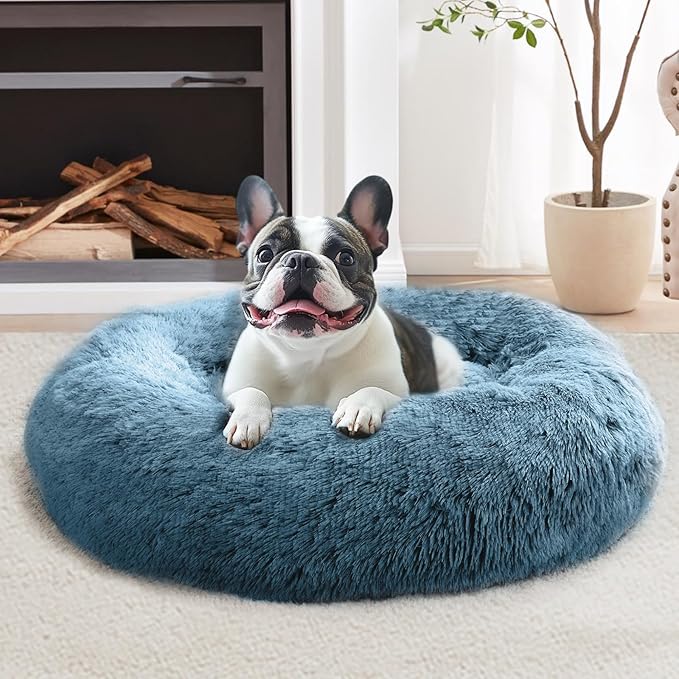 JOLLYVOGUE Calming Dog Bed for Small Dogs - 23 inches Donut Washable Small Dog Bed for Kittens & Puppies, Anti-Slip Round Fluffy Plush Faux Fur Cat Beds (Fits up to 25 lbs Pets, Blue)