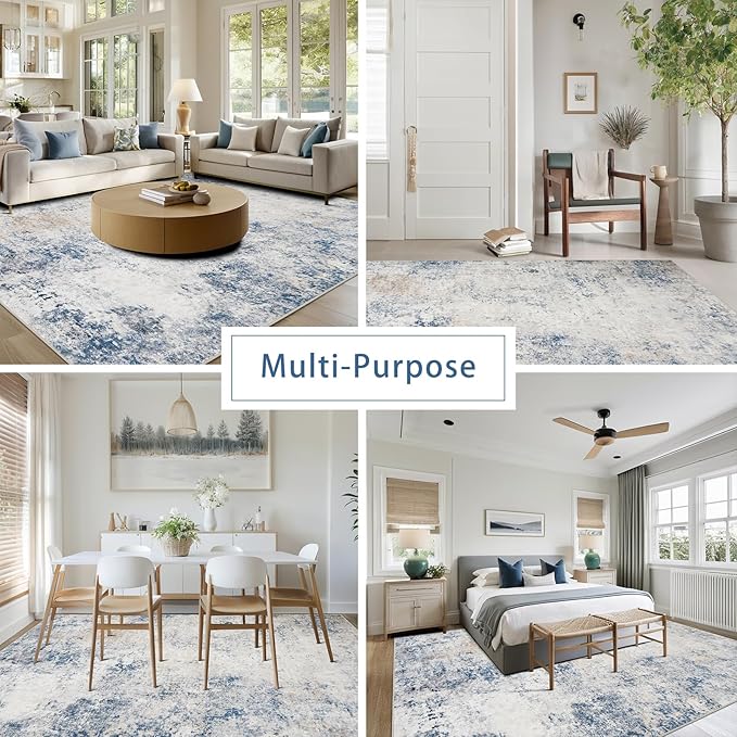 Washable Rugs 8x10 Area Rugs for Living Room,Modern Abstract Rugs for Bedroom,Large Carpets,Ultra Soft Faux Wool Retro Dining Room Rug,Non Slip&Non-Shedding Low Pile Print Rug- Blue Beige