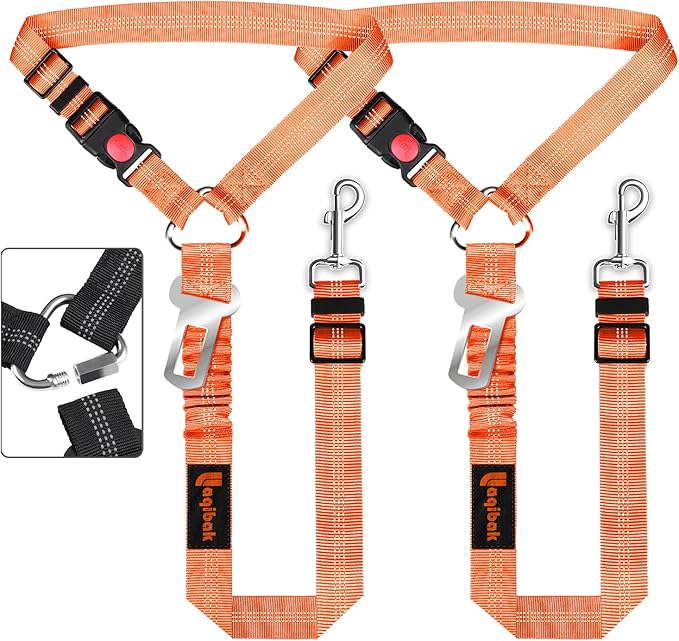 Removable Dog Seat Belt Harness for Car, 3 in 1 Pet Dog Car Seatbelt Leash, Retractable Restraint Secures to Vehicle Headrest & Adjustable Reflective Bungee Dog Seatbelt Tether,Orange