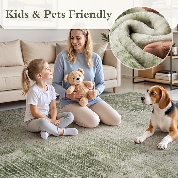 3 x 5 Rug Small Non Slip Machine Washable Rug Distressed Abstract Soft Indoor Carpet Neutral Boho Rug for Bedroom Living Room Entryway Kitchen Bedside, Green
