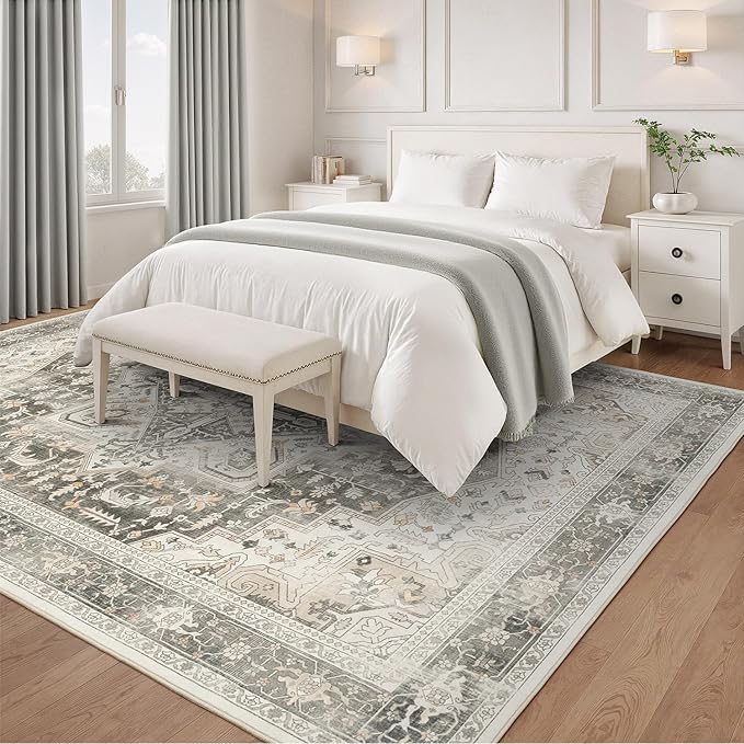 Rugflix 6x9 Area Rugs for Living Room, Machine Washable Rug Non Slip Stain Resistance, Large Rug Vintage Distressed Soft Carpet for Bedroom, Dining Room, Home Office, Beige Grey