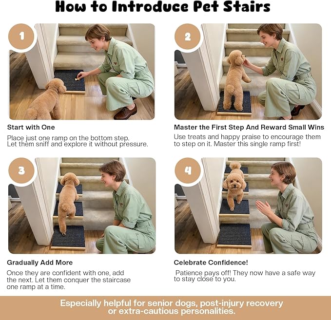 4-Pack Wooden Dog Ramp for Stairs, Anti-Slip Pet Steps for Small Dogs with Carpet Surface, Low-Angled Pet Ramps for Staircase, Steps and Stairs Assist for Injured & Aged Pets, Stairs Ramp for Dogs