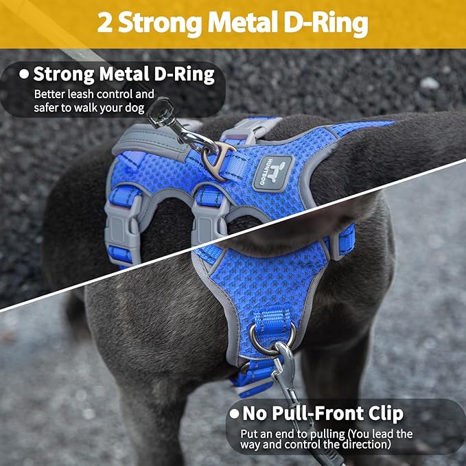 Huntboo Escape Proof Dog Harness, No Pull Reflective Harness with Lift Handle,Adjustable Pet Vest with Front and Back Leash Clips for Small Medium Large Dogs Walking Hiking Training (Sea Blue,L)