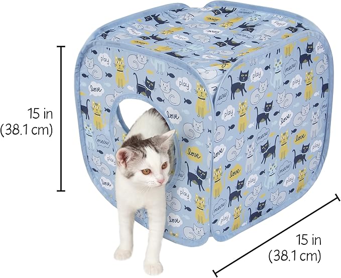 Kitty City Cat Print Pop-Up Cat Play Cube, Collapsible Indoor Cat Hideout with Peekaboo Openings, Lightweight Foldable Cat Cube for Play & Lounging, Blue