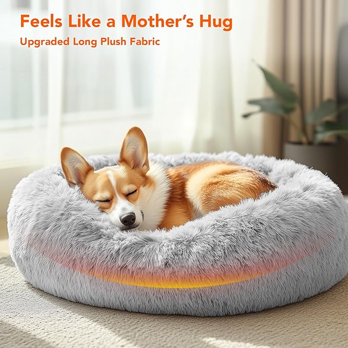 Deconovo Calming Donut Dog Bed, Washable Plush Round Pet Bed for Small Dogs & Cats with Raised Rim, Non-Slip Base and Soft Faux Fur—Lightweight, Easy-Care Design Light Grey 30" L x 30" W x 8" Th