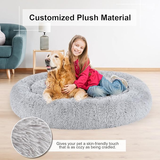 Dog Bed, Cat Calming Bed, Faux Fur Pillow Pet Donut Cuddler Round Plush Bed for Large Medium Small Dogs and Cats (Light Grey, 49.0" L x 38.0" W x 7.0" Th)