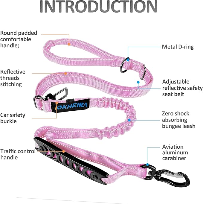 IOKHEIRA Dog Leash, Multifunctional for Medium & Large Dogs, Adjustable with Car Seatbelt, 4-6 FT Strong Bungee, Pink