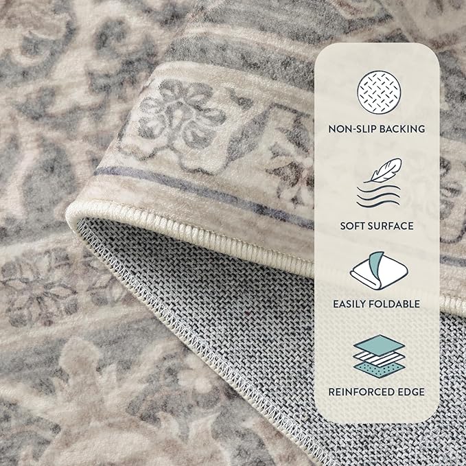 Lahome Oriental Hallway Runner Rug Non Slip, 2.5x8 Kitchen Washable Runner Soft Hallway Rug, Traditional Ultra-Thin Carpet for Bathroom Entryway ?랰aundry Room, Grey/Brown
