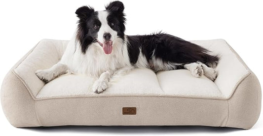 Bedsure SupportMax Orthopedic Dog Beds Large Sized Dog - Extra Thick Supportive Large Dogs Bed with Waterproof Washable Cover, L Plus Comfort Pet Sofa with Soft Sherpa and Nonskid Bottom, Beige, 38"