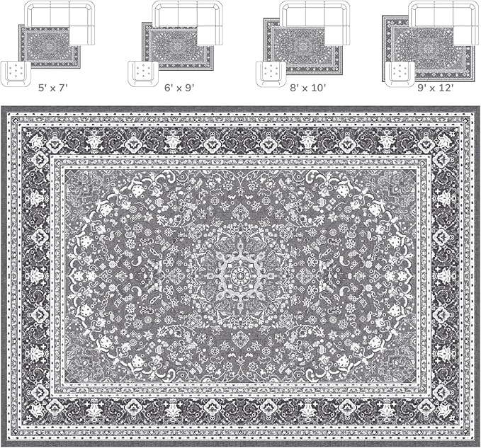 Lessymo 2 x 3 Entryway Rug - Machine Washable Area Rugs Boho Faux Wool Low Pile Area Rug for Bedroom, Floral Medallion Vintage Outdoor Rugs with Non-Slip Rubber,Grey White
