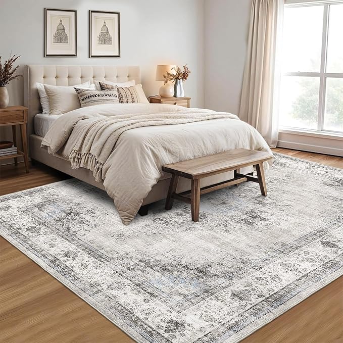GarveeHome Area Rug 9x12 Washable for Living Room Oriental Non-Slip Stain Resistant Large Carpet Vintage Bedroom Soft Floor Cover Low Pile Distressed Throw for Home Decor Office, Beige