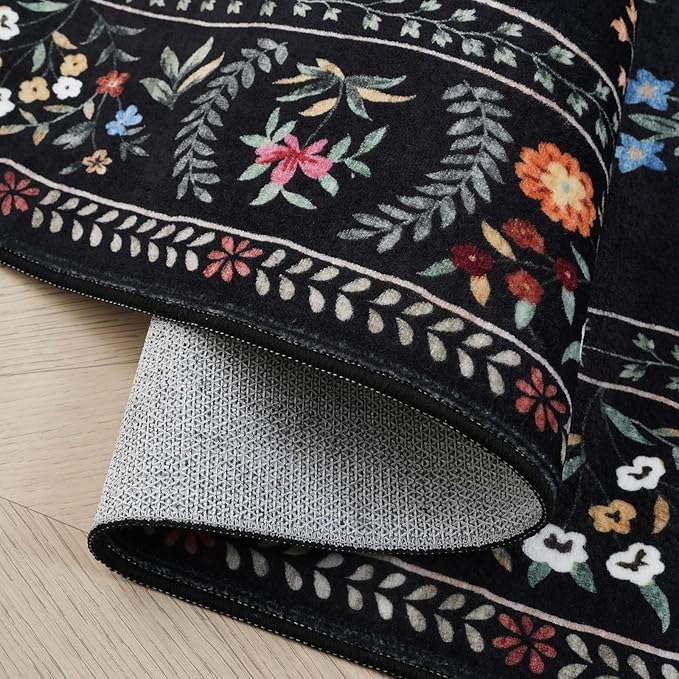 Rugcomf Area Rug 4x6 Rug Washable Boho Rugs Non Slip Low Pile Floral Animal Small Carpet for Bedroom, Bedside, Kids Room, Office, Dining Room (Black)