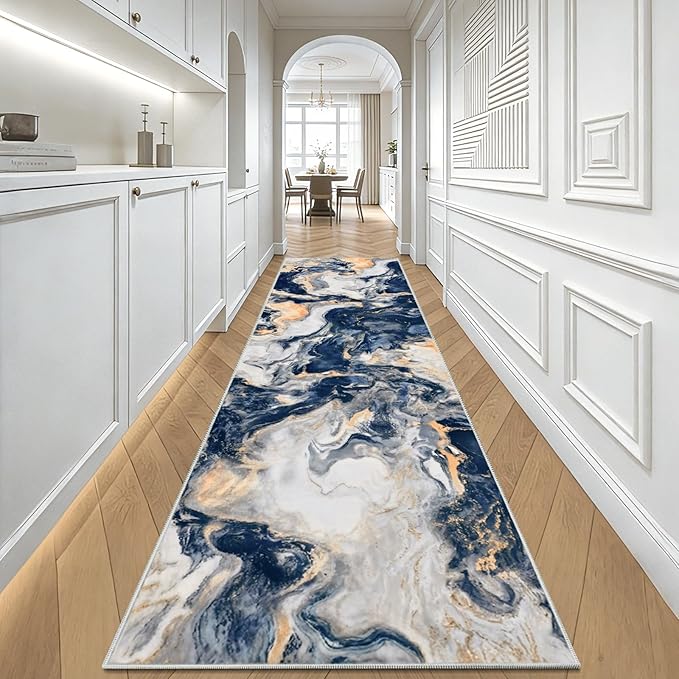 Yinhua 2x7'3 Runner Rug for Hallway, Marble Rug Runners for Kitchen, Soft Faux Wool Washable Area Rugs, Modern Runner Rugs Non Slip, Blue and Gold Abstract Carpet for Entryway Laundry Bathroom