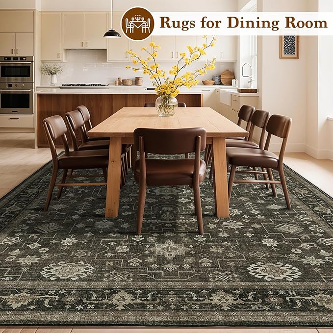 LBRO2M Distressed Washable Rugs 9X12 Area Rug for Living Room for Bedroom Dining Room Non Slip Farmhouse Rugs Easy Clean, Stain Resistant Carpet Great for Pets and Kids (9'X12' Dark Brown)