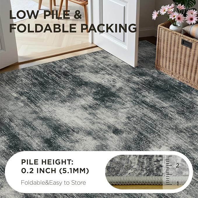 Joydeco 5x7 Area Rugs for Living Room, Non-Slip Modern Abstract Soft Washable Rug, Low Pile Carpet for Bedroom, Dining Room, Home Office, Pet & Child Friendly, Light Gray & White & Dark Gray