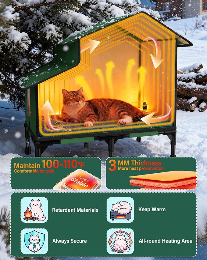 Large Outdoor Heated Cat House for Multiple Cats, Weatherproof Insulated Spire Roof Shelter
