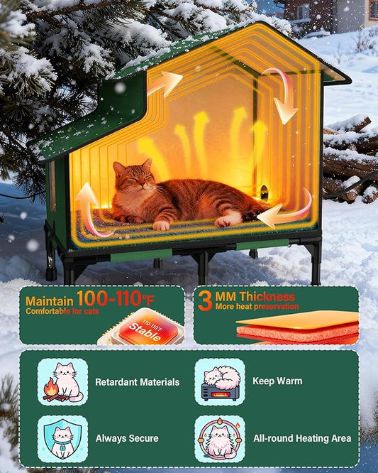 Large Outdoor Heated Cat House for Multiple Cats, Weatherproof Insulated Spire Roof Shelter