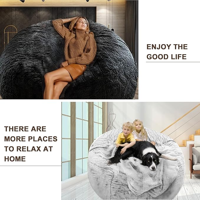 (No Filler Bean Bag Chair Cover Without Filler,Big Round Soft Fluffy PV Velvet Washable Bean Bag Lazy Sofa Bed Cover for Adults,Living Room Bedroom Furniture Outside,5ft Black