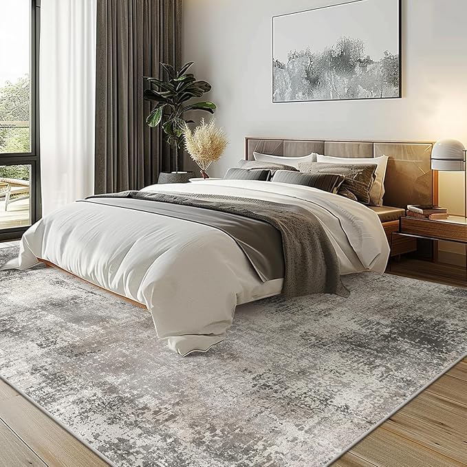 Area Rugs 8x10 Machine Washable Rug for Bedroom Living Room Dining Room, Large Modern Abstract Soft Rugs, Indoor Low Pile Carpet with Non Slip Rubber Backing, Abstract Gray