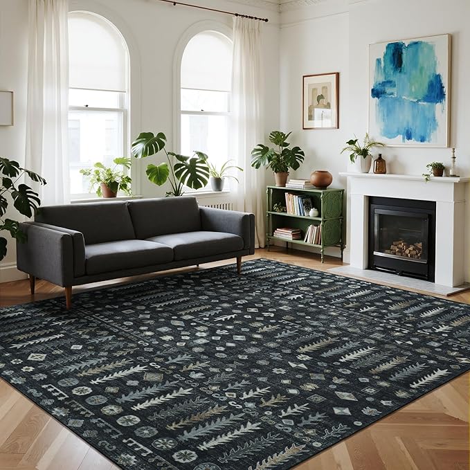 Washable Rugs 8x10 Area Rugs for Living Room,Bedroom,Dining Room- Soft Low Pile Stain-Resistant Carpet with Non-Slip Rubber Backing,Vintage Large Area Rug for Nursery Home Office Decor