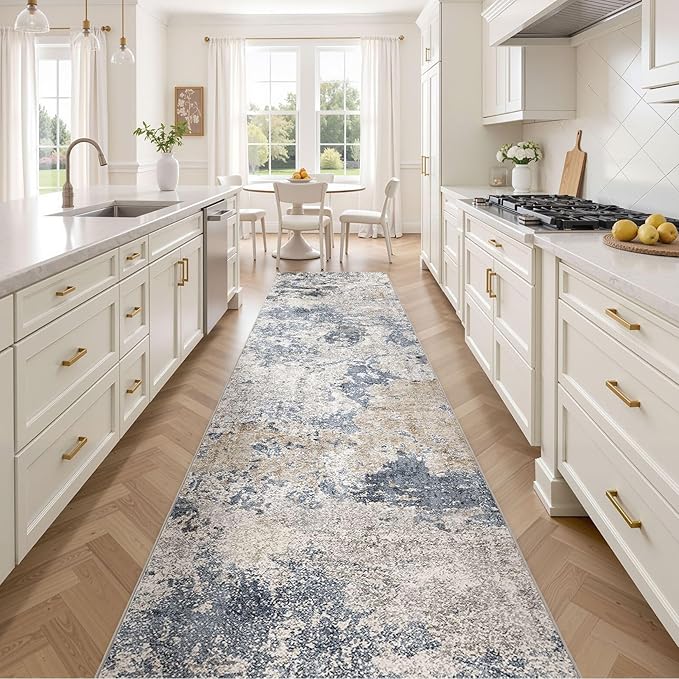 Hallway Washable Runner Rug: 3x12 Abstract Modern Soft Stain Resistant Non-Slip Backing Runner for for Entryway Kitchen Laundry - Blue Brown