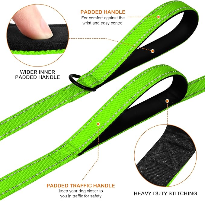 Joytale Dog Leash Heavy Duty for Large Dogs That Pull, Double Handle for Traffic Control, Double-Sided Reflective Leashes for Large Medium Dogs Night Safety, 4FT, Green