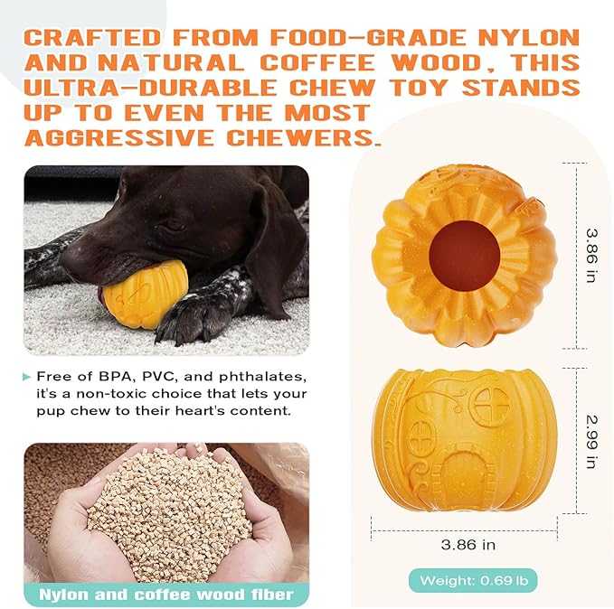 Pumpkin-Shaped Interactive Dog Toy – Multifunctional Food Dispenser, Frozen Lick Toy & Durable Chew Toy for Aggressive Chewers, Safe Nylon & Coffee Wood Fiber, Easy to Clean, Relieves Anxiety