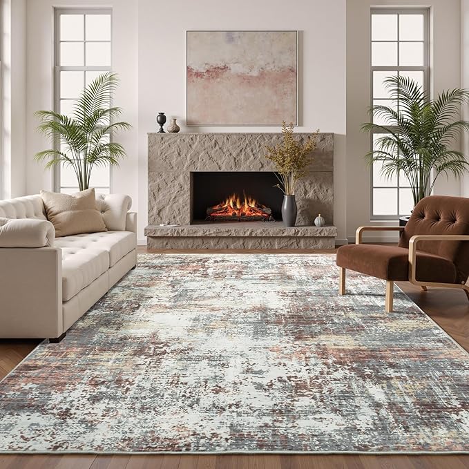 8x10 Area Rugs for Living Room, Abstract Modern Washable Rug, Indoor Soft Non-Slip Large Floor Carpet for Bedroom Dining Room Home Decor, Rust Red