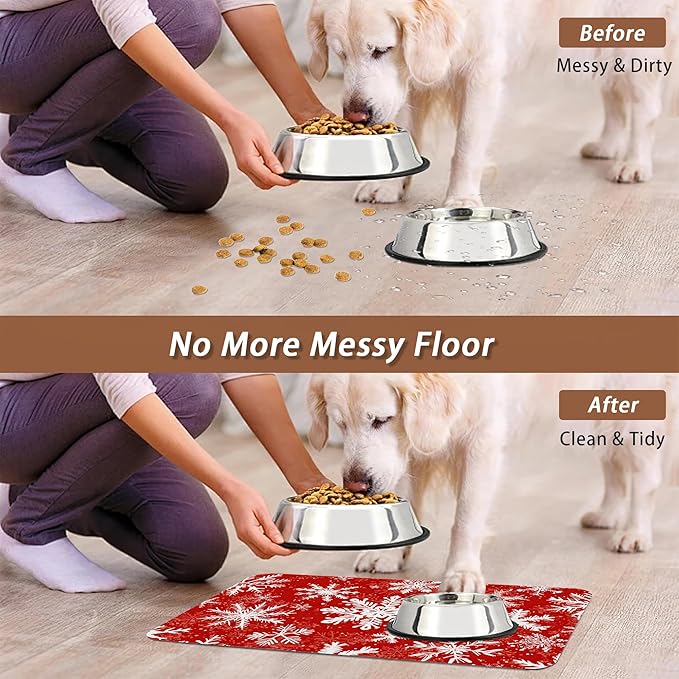 Christmas Dog Food Mat for Floors,Snowflake Absorbent Pet Food and Water Bowl Mats,Non-Slip Pet Feeding Mat,Pet Supplies 12" x 20"